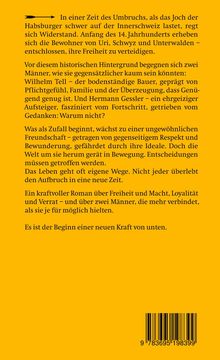 Text beschreibt den Konflikt um Freiheit im 14. Jahrhundert, fokussiert auf Wilhelm Tell und Hermann Gessler. Roman über Macht.


