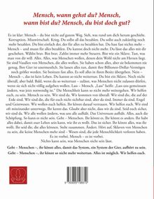 **Mensch, wann gehst du? Mensch, wann bist du? Mensch, du bist doch gut?**

Text über menschliches Verhalten und gesellschaftliche Zwänge. Unten links ist ein rotes Logo mit einem stilisierten Gesicht.