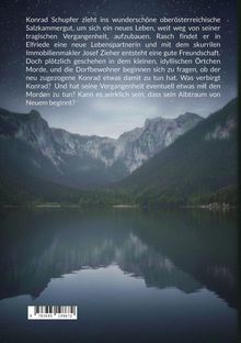 Text handelt von Konrad Schupfer, der in ein neues Leben im Salzkammergut startet. Hintergrund: See und Berge bei Nacht.