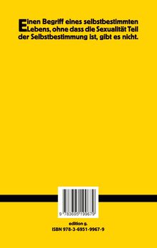 Gelber Hintergrund mit schwarzem Text über Selbstbestimmung und Sexualität. Unten ist ein Barcode und die ISBN.