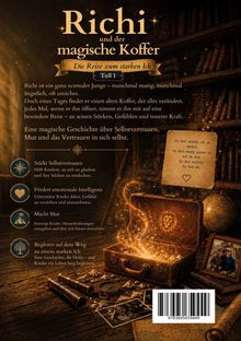 Titel: "Richi und der magische Koffer". Untertitel: "Die Reise zum starken Ich". Schlüsselthemen: Selbstvertrauen, Mut. Illustration eines magischen Koffers.