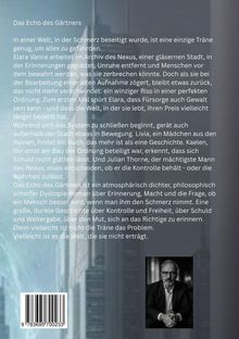 Es gibt Text über eine dystopische Erzählung und ein Bild eines nachdenklichen Mannes in Schwarz-Weiß.