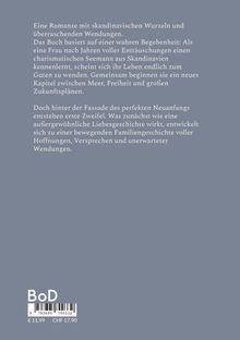 Ein zentrales Textfeld beschreibt eine romantische Geschichte mit skandinavischen Wurzeln und überraschenden Wendungen. Unten: "BoD", mit Barcode und Preisen. Hintergrund einheitlich grau.