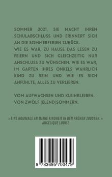 Text beschreibt Erinnerungen an Sommer 2021 und Kindheit, Zitat von Angélique Louise, mit Barcode darunter.