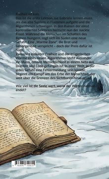 Ein offenes Buch in der Schneelandschaft. Darüber ein Text: "Freiheit ist kalt..." bis "Weite über die Grenzen des Sichtbaren hinausgeht".