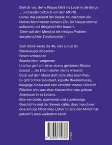 Ein Text auf lila Hintergrund beschreibt ein Abenteuer der Klasse 4b, die auf dem Mond gegen Staubmonster kämpft. ISBN und Preis sind unten.