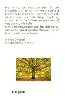 Zitat von Michael Johanni über Veränderungen und Grundbedürfnisse. Darunter ein farbenfrohes Foto eines großen Baumes.