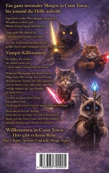 Deckblatt voller Text über Chaos in "Coon Town", mit Katzen, die Schwerter und Waffen tragen, in einer nebligen Stadtansicht.