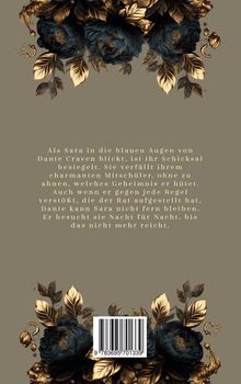Ein Text beschreibt Saras Schicksal mit Dante. Dunkle und goldene Blütenornamente verzieren das Design oben und unten.