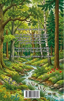 Ein Wald mit Bäumen und einem Bach. Text: "Wandle auf des Waldes Pfaden..." bis "...Entdecker ab 5 Jahren!"