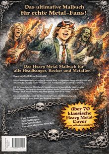 Text: „Das ultimative Malbuch für echte Metal-Fans!“, „über 70 klassische Heavy Metal-Cover“. Illustration: Rocker mit Gitarren.