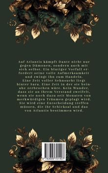 Text erzählt von Dantes Kampf in Atlantis. Goldene Blätter und dunkelgrüne Blumen dekorieren die Szene kunstvoll.