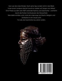 Text über Kain und Sargon, mystisch-historische These, Ursprung von Zivilisation. Darunter eine antike Büste und ein Barcode.