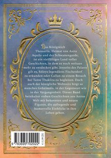 Text in einem verzierten goldenen Oval mit Krone: „Das Königreich Thessarin, Heimat... humorvolle Einblicke in ihre Leben geben.“ Oben links Verzierung. Unten: Barcode.