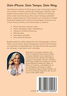 Text: "Dein iPhone. Dein Tempo. Dein Weg." Tipps für iPhone-Nutzung. Bild: Frau mit Brille und hellem Haar, freundlich lächelnd.