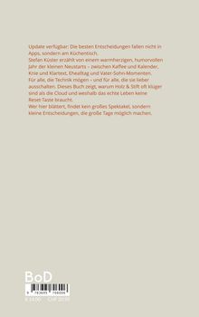 Text über Entscheidungen am Küchentisch, Erzählungen von Stefan Küster, Themen wie Neustarts und Alltag. BoD-Logo unten.