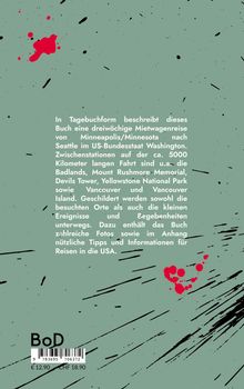 Texte beschreiben eine Mietwagenreise von Minneapolis nach Seattle. Grüner Hintergrund mit roten und schwarzen Spritzern.
