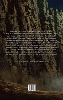 Text: Spannungsgeladene Quest in der Yanea-Saga, zwischen Kriegsplänen und Freundschaft. Hintergrund: Felsenlandschaft.