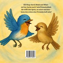 Elli fliegt durch Wald und Wind – auf der Suche nach ’nem Freundeskind. Zwei fröhliche Vögel mit ausgebreiteten Flügeln.