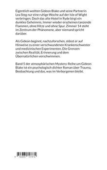 Text beschreibt eine mysteriöse Handlung mit Gideon Blake, Flammen und Rätseln. Erwähnt eine verschwundene Krankenschwester.