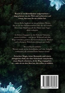 Text vor einem Hintergrund aus dunklem Wald und Kristallen. Es beschreibt Raychs Flucht aus einem Kristallpalast.