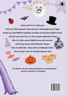 Text über Janie und ihre Abenteuer mit Zeichnungen, die lebendig werden. Elemente: Mond, Spinne, Ritterhelm, Kürbis.
