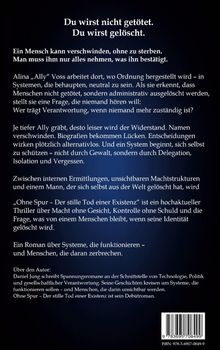 Ein düsteres Design mit Text über Macht und Identitätslöschung. Der Roman behandelt Kontrolle, Verantwortung und Systemkritik.