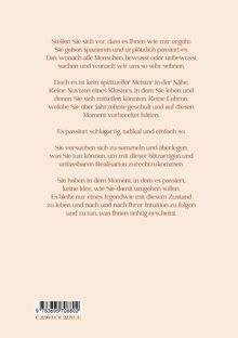 Ein Text beschreibt eine plötzliche, unerwartete Erleuchtung ohne Anleitung, gefolgt von einem Barcode unten.
