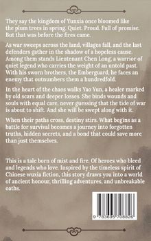 Ein Text beschreibt ein episches Abenteuer im Königreich Yunxia, geprägt von Krieg und Heldentum, inspiriert von Wuxia-Fiktion. Dezenter Hintergrund und ein Barcode unten rechts.