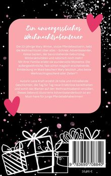 Ein Mädchen erlebt zauberhafte Weihnachten mit Schnee, Adventskalender und Pferdeabenteuern. Rosa Textfeld, Herzen, Geschenke.