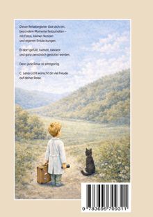 Text: Einladung, besondere Momente festzuhalten. Illustration: Kind mit Koffer und Katze schauen in hügelige Landschaft.