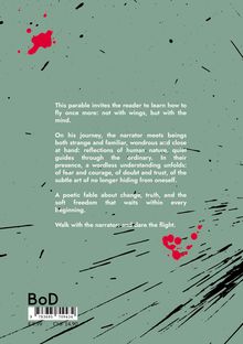 Ein Text über eine Parabel, die zur mentalen Freiheit inspiriert, begleitet von roten und schwarzen Farbklecksen.