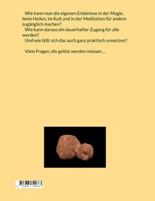 Texte: Fragen zur Zugänglichkeit von Magie, Heilen, Kult, Meditation. Bild: Zwei erdfarbene Formen auf schwarzem Hintergrund.