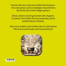 Tauchen Sie ein in die Welt des Kochens! Illustration: Ein Koch mit Topf, aus dem Buchstaben herausströmen.