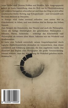 Ein Text über Philosophie und ihre Ursprünge, mit Namen wie Hobbes, Buddha, Kant und Schopenhauer. Unten ist ein abstraktes dunkles Kreissymbol.
