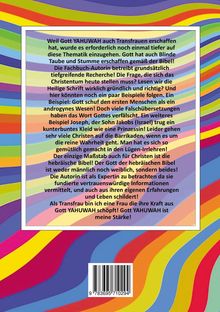 Text über Gott, Transfrauen und die Bibel. Farbig gestreifter Hintergrund in Gelb, Blau, Rot und Grün.
