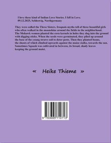 Text: Liebe zu Indian Love Stories und Mythos der "Three Sisters". Unten Name "Heike Thieme" in Kalligrafie. Fliederfarbener Hintergrund.