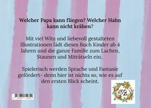 "Welcher Papa kann fliegen? Welcher Hahn kann nicht krähen?" steht oben. 

Farbhintergrund: lila und hellblau. 

Unten rechts ist ein Blumenkranz mit "mB".