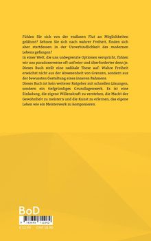 Gelber Hintergrund mit Text über Freiheit und Selbstgestaltung. Unten "BoD" mit Barcode und Preisen in Euro und CHF.