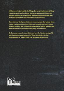 Ein Text beschreibt die Herausforderungen in der Pflege, inklusive Personalmangel und Bürokratie, auf schwarzem Hintergrund.
