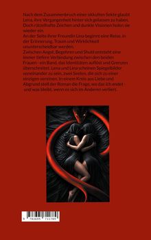 Text beschreibt eine geheimnisvolle Verbindung zweier Frauen. Illustration zeigt zwei umarmte Figuren und eine rote Schlange.