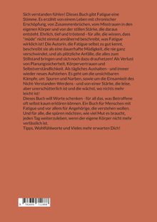 Ein Text auf rotem Hintergrund beschreibt ein Buch über das Leben mit chronischer Erschöpfung und stille Stärke.