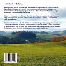 Text beschreibt poesiebezogene Geschenke. Im Hintergrund eine grüne, hügelige Landschaft mit Wäldern und Dörfern.