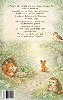 Text über Fiete und Freunde, die Abenteuer erleben. Illustration von Waldtieren: Maus, Eichhörnchen, Fuchs, Igel, Vogel.