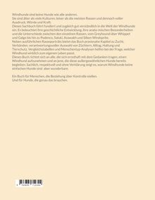 Text über Windhunde und ihre Eigenschaften, Entwicklung, Haltung und Zuchtpraxis. Barcode unten links. Hintergrund beige.