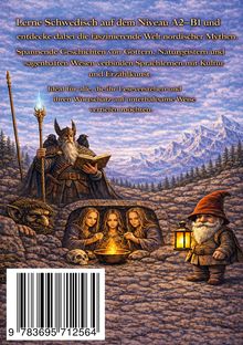 Ein Wikinger mit Buch, drei Frauen mit Feuer, ein Zwerg mit Laterne, Berge und Wälder im Hintergrund.