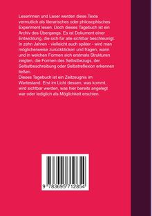 Text über ein Tagebuch als Archiv des Übergangs, das Entwicklungen dokumentiert. Barcode unten. Rot-lila Hintergrund.