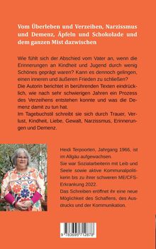 "Vom Überleben und Verzeihen, Narzissmus und Demenz, Äpfeln und Schokolade und dem ganzen Mist dazwischen." Text über Vergebung, Kindheit, Krankheit. Bild von Frau in bunt bedrucktem Kleid vor grüner Pflanze.