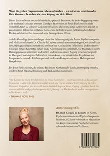 Texte beschreiben ein Buch über innere Klarheit und Heilungsprozesse. Autorinnenprofil und Foto von Dr. Claudia de Laporte.