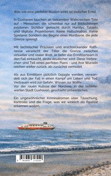 Ein Text über eine Mordserie in Cuxhaven, bei der Realität und virtuelle Welt verschwimmen. Im Hintergrund ein Schiff auf dem Meer.